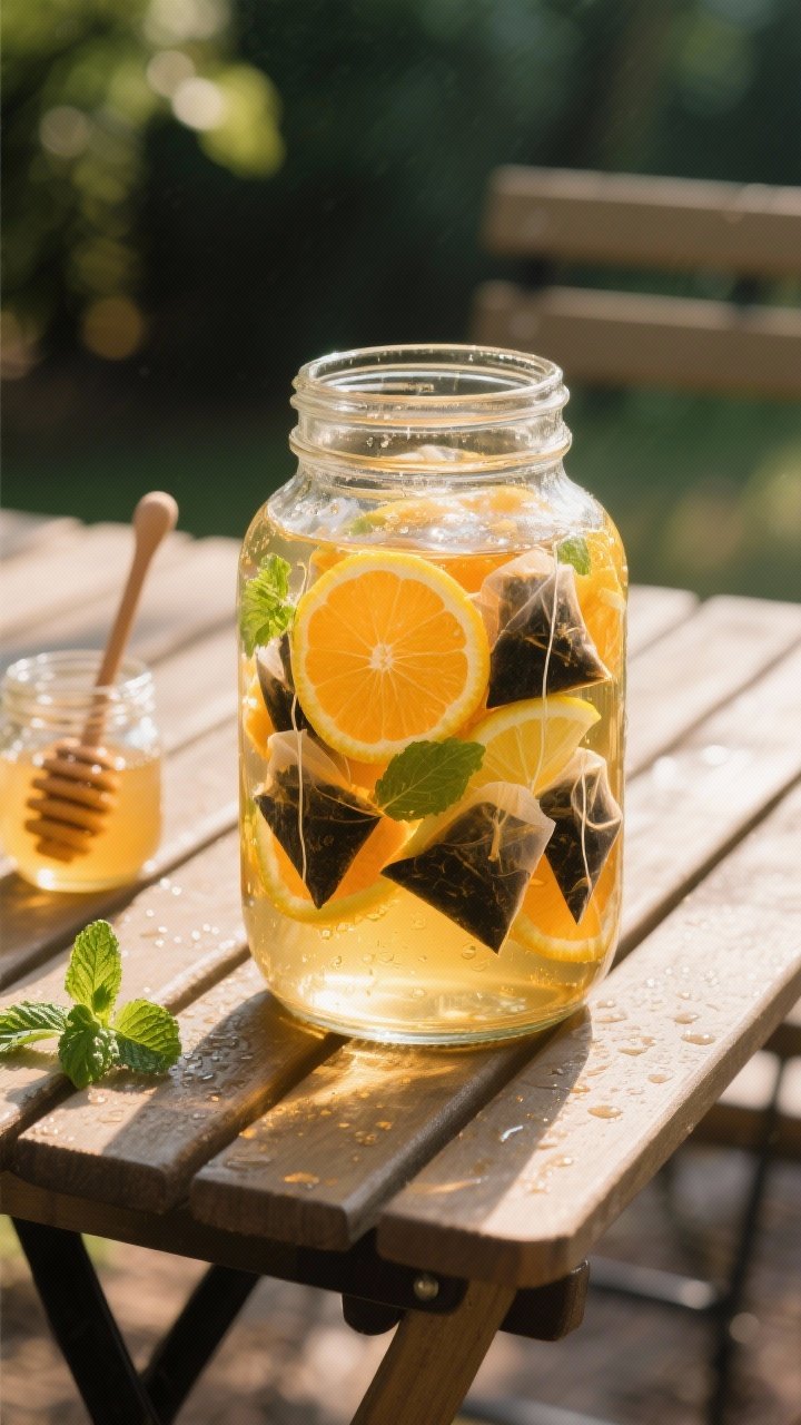 Straight-on shot of a sunlit mason jar citrus sun tea steeping outdoors: large mason jars filled with 8 cups filtered water, 6 black tea bags, thinly sliced orange and lemon floating, a few sprigs of fresh mint; optional honey or agave jar nearby with a wooden dipper; condensation on glass, golden-amber hue, strong natural sunlight with soft shadows on a wooden picnic table, no plastic in frame, refreshing and clean.