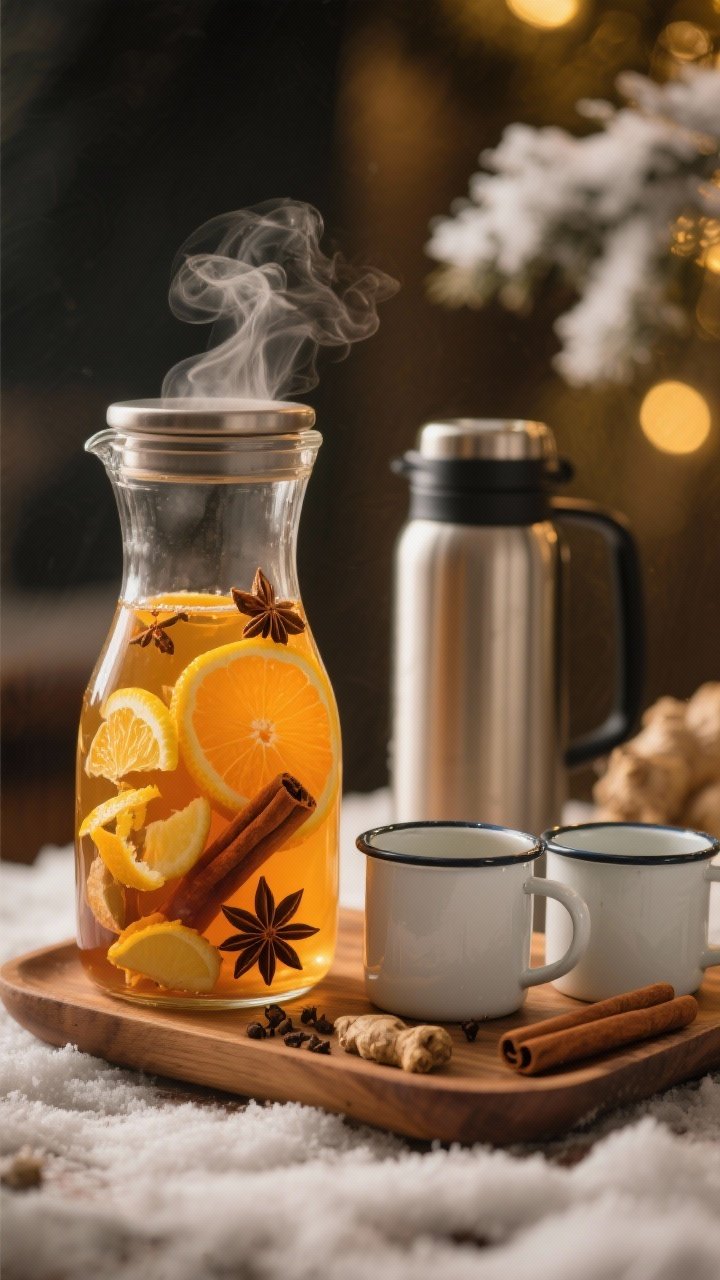 Straight-on shot of a thermos of mulled cider uncapped, aromatic steam curling up: translucent orange slices, lemon peel strips, sliced fresh ginger, cinnamon sticks, whole cloves, and star anise floating in amber cider in a glass carafe beside the thermos; two enamel mugs ready, on a wooden tray with wintery light and deep golden tones.