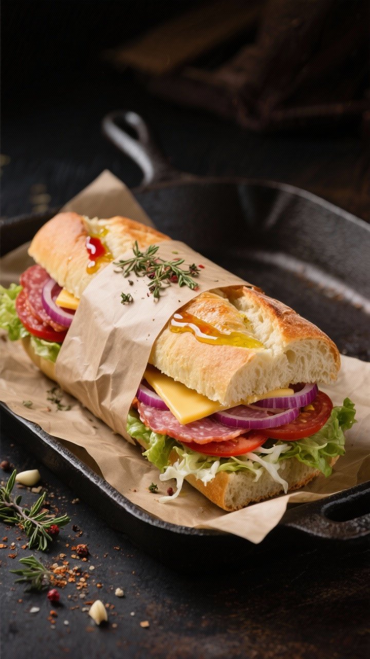 Straight-on shot of an Italian sub press: halved ciabatta brushed with olive oil, red wine vinegar, dried oregano, garlic powder, salt and pepper, layered with provolone, salami, ham, pepperoni, shredded lettuce, tomato slices, and red onion. The sandwich is tightly wrapped in parchment and weighted with a cast-iron skillet, a corner unwrapped to reveal compressed layers, moody deli vibe.