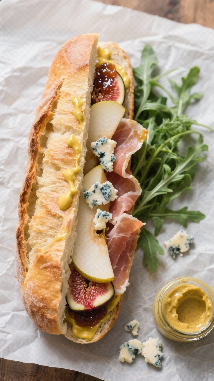 Straight-on shot of an open baguette sandwich assembly: crusty baguette split, spread with a swipe of fig jam and Dijon mustard, layered with silky folds of prosciutto, thinly sliced ripe pear, and crumbles of blue cheese; a handful of peppery arugula tucked in; styled on parchment with a small jar of fig mustard mixture and cheese crumbles around.