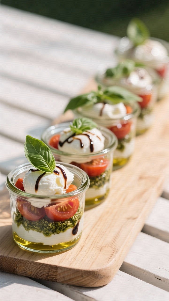 Straight-on shot of burrata caprese jars: small glass jars layered with halved cherry tomatoes, torn burrata, a visible swirl of basil pesto, glossy extra-virgin olive oil, and ribbons of balsamic glaze. Garnish with fresh basil leaves; arranged in a neat row on a picnic board, soft natural light, clean reflections on glass.