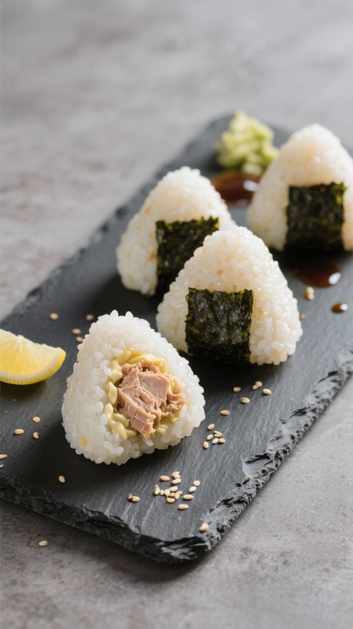 Straight-on shot of Cat-Nipworthy Tuna Rice Balls two ways on a slate board: onigiri-style triangles made from warm short‑grain rice, some filled with low‑sodium tuna mixed with a touch of mayonnaise and lemon juice, others plain tuna only; light brush of soy sauce on a few pieces, nori strips optional; sesame seeds scattered; clean lines, glossy rice grains, minimalistic Japanese-inspired styling.