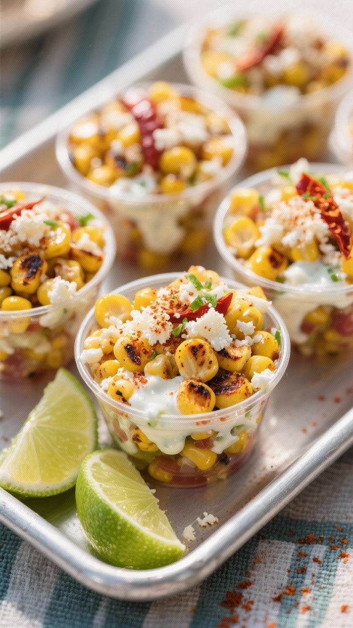 Straight-on shot of chili-lime corn salad served in individual cups: char-kissed kernels tossed with chili powder, smoked paprika, kosher salt, creamy mayo-sour cream dressing, lime zest and juice; topped with crispy crumbled Cotija and a sprinkle of chili, lime wedges on the side; arranged on a tray for easy picnic serving.