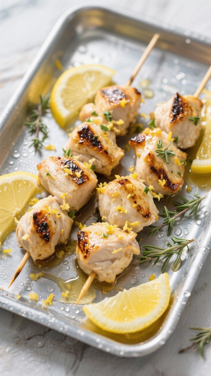 Straight-on shot of chill-proof lemon-herb chicken skewers served cold on a metal tray with lemon zest shimmer: juicy thigh pieces marinated in lemon juice and zest, olive oil, grated garlic, honey, Dijon, and dried oregano/thyme; slight char marks, brushed with a glossy marinade; lemon wedges and herb sprigs scattered, condensation on tray hinting at picnic chill.