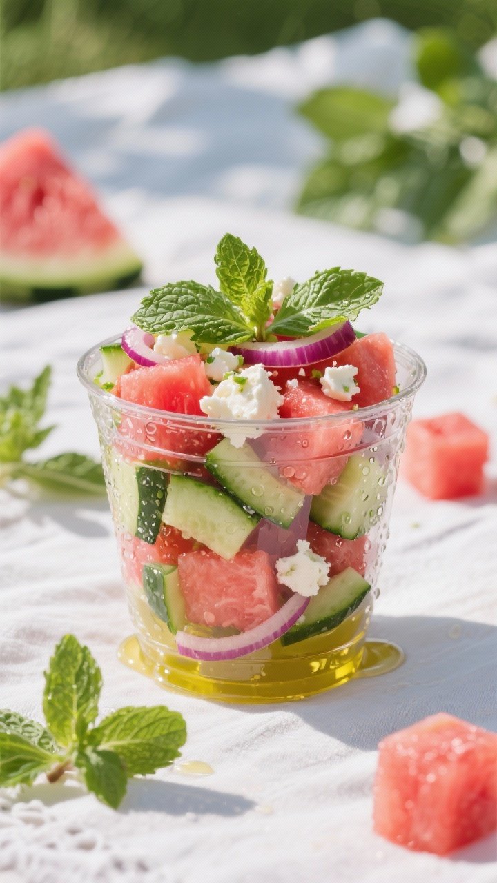 Straight-on shot of clear cups layered with juicy cubed seedless watermelon, diced English cucumber, thinly sliced red onion, crumbled feta, torn fresh mint, and sliced basil; a light drizzle of olive oil catching the light, condensation on the cups; styled on a white picnic cloth with a few extra mint sprigs and watermelon cubes around, bright and zesty summer palette.
