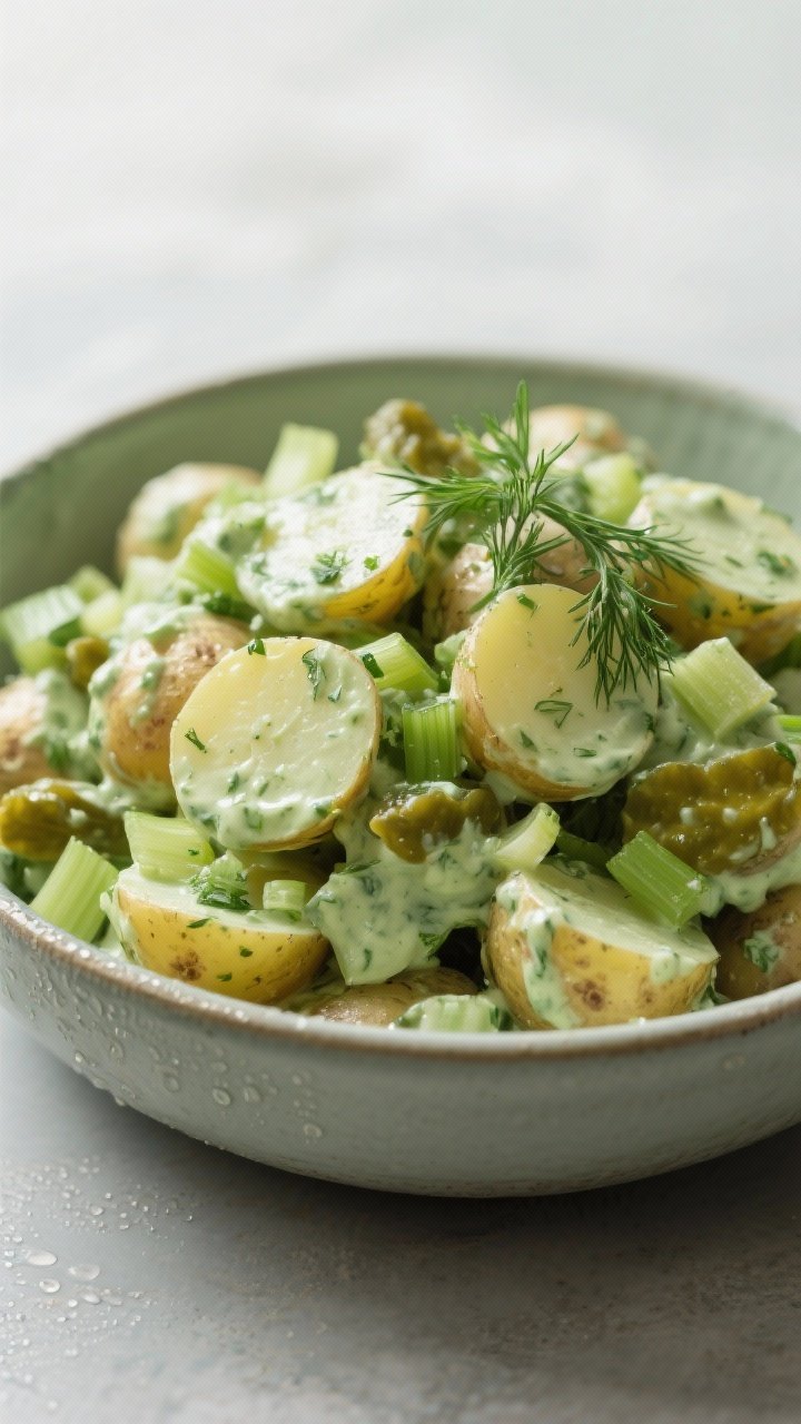 Straight-on shot of creamy green goddess potato salad piled high in a matte ceramic serving bowl: halved baby gold potatoes coated in a pale green herbed dressing (no mayo), with chopped celery crunch, thinly sliced scallions, and chopped dill pickles visibly tucked between potatoes. Garnished with extra herbs, subtle condensation on bowl, cool diffuse lighting for a fresh, verdant vibe.