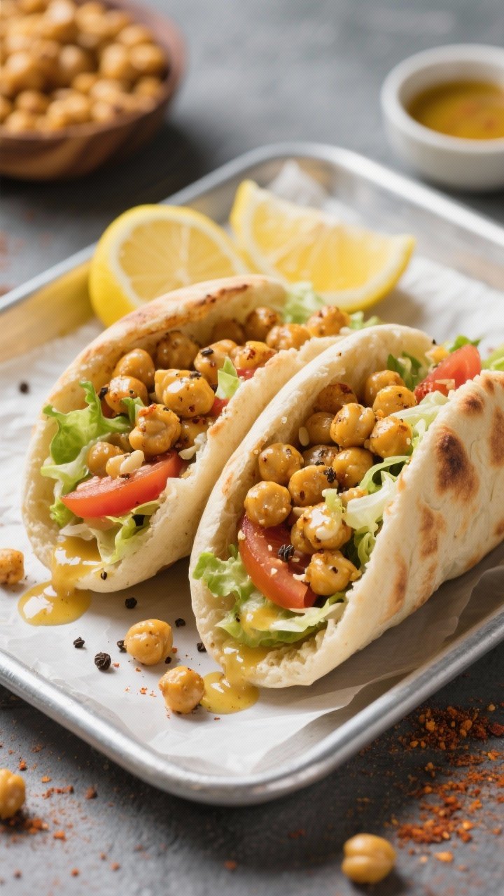 Straight-on shot of crispy chickpea pita pockets: halved pitas stuffed with golden, oven-crisp chickpeas seasoned with cumin, smoked paprika, garlic powder, salt, and black pepper; shredded lettuce and tomato tucked inside, generous drizzle of lemon-garlic sauce oozing from the pocket; tray with parchment, lemon halves and a small bowl of sauce in the background, crunchy textures emphasized.