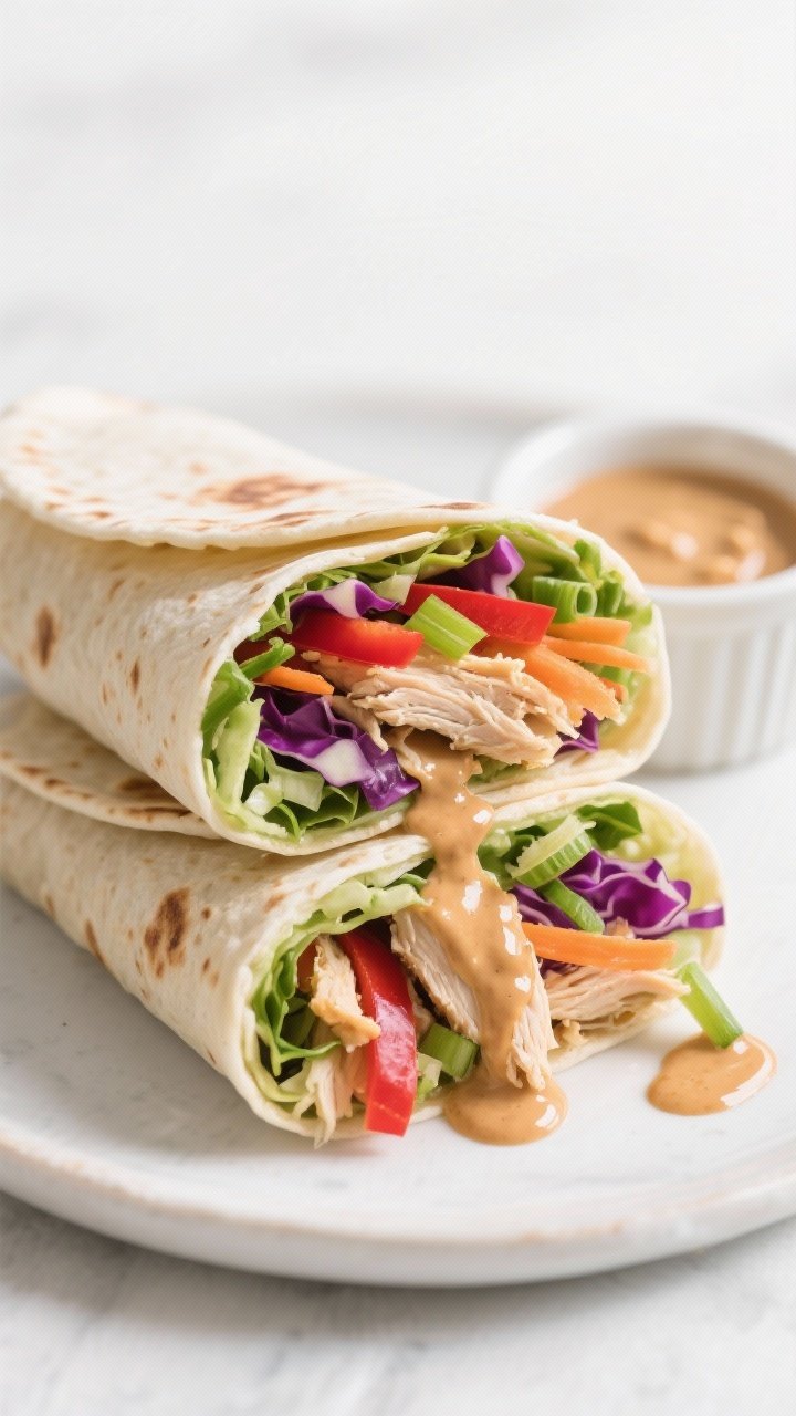 Straight-on shot of crunchy slaw wraps cut on the bias to reveal layers: flour tortillas packed with shredded green and purple cabbage, shredded carrots, thin red bell pepper strips, scallions, and cooked shredded chicken; glossy peanut-lime sauce drizzled inside and a small ramekin on the side; crisp textures emphasized with a clean, bright backdrop.