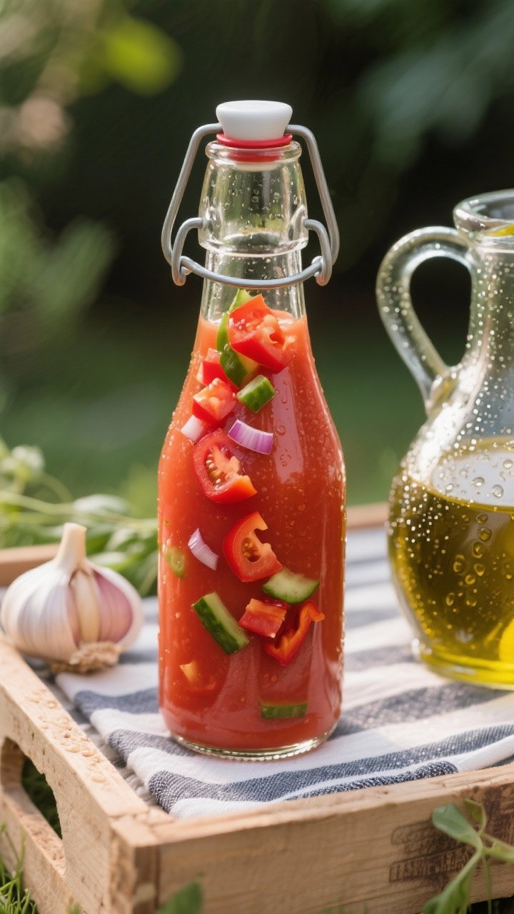 Straight-on shot of garden gazpacho to-go: vivid red tomato-cucumber-pepper soup poured into clear swing-top bottles, tiny diced garnish of tomato, red bell pepper, and red onion floating on top; a clove of garlic and a carafe of extra-virgin olive oil nearby; condensation on glass for refreshment, set on a picnic crate with a striped napkin.