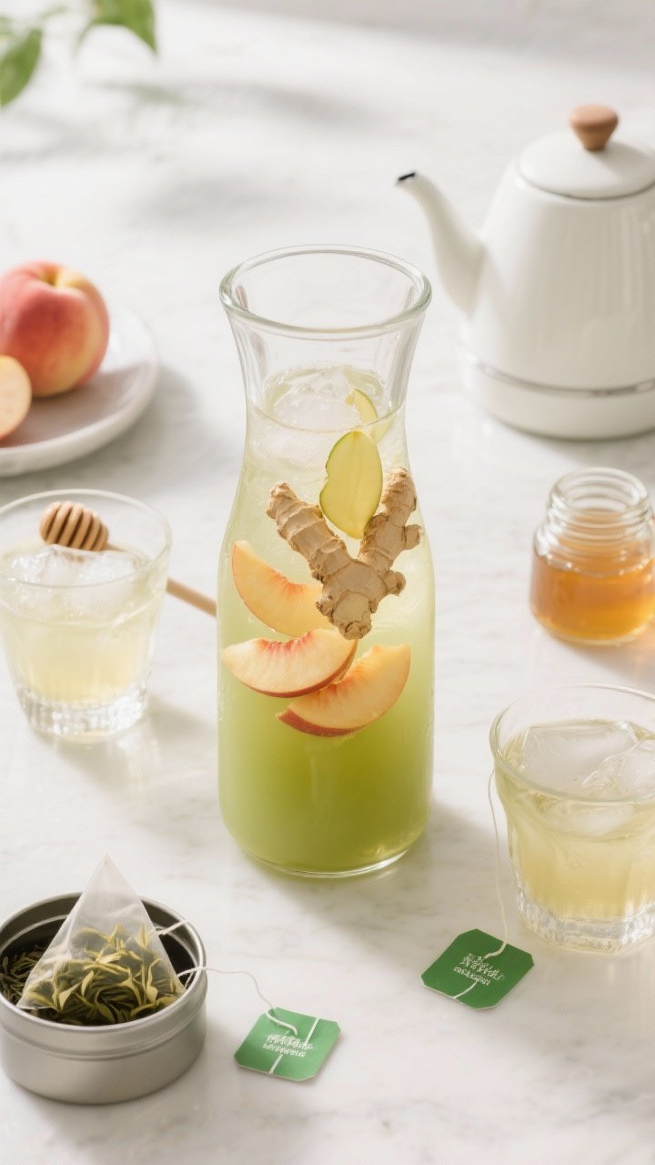 Straight-on shot of ginger-peach iced green tea in a tall carafe, pale amber-green with thin slices of fresh ginger and ripe peach wedges floating; honey or simple syrup in a small jar, steam-less kettle indicating hot-but-not-boiling water; two chilled glasses with ice ready to pour; fresh peaches and green tea bags/loose leaf tin styled nearby; bright, clean, refreshing mood.