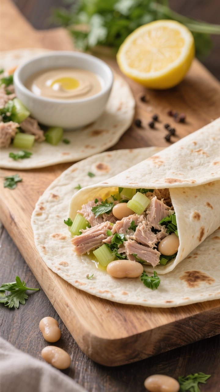 Straight-on shot of herby tuna white bean salad wraps being assembled on a wooden board: tortillas laid out with a filling of high-quality tuna in olive oil, cannellini beans, finely diced celery, thinly sliced scallions, chopped herbs (parsley), a small bowl of lemon-tahini sauce ready to drizzle, lemon halves and cracked pepper nearby, one wrap partially folded to show texture and creamy-herby filling.