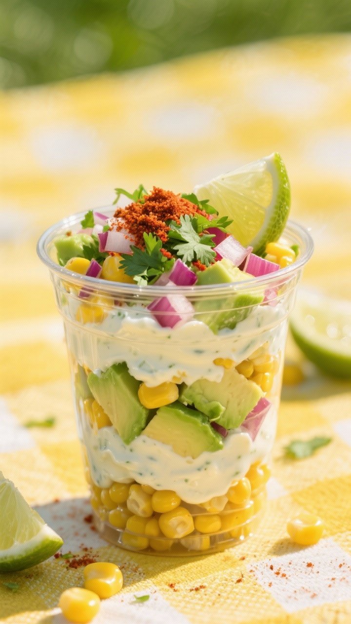 Straight-on shot of individual clear cups layered with sweet corn kernels, diced avocado, finely diced red onion, and chopped cilantro, lightly bound with mayo or Greek yogurt and brightened with lime; a dusting of chili powder on top and lime wedges scattered on a sunny picnic cloth, vibrant yellow-green contrast.