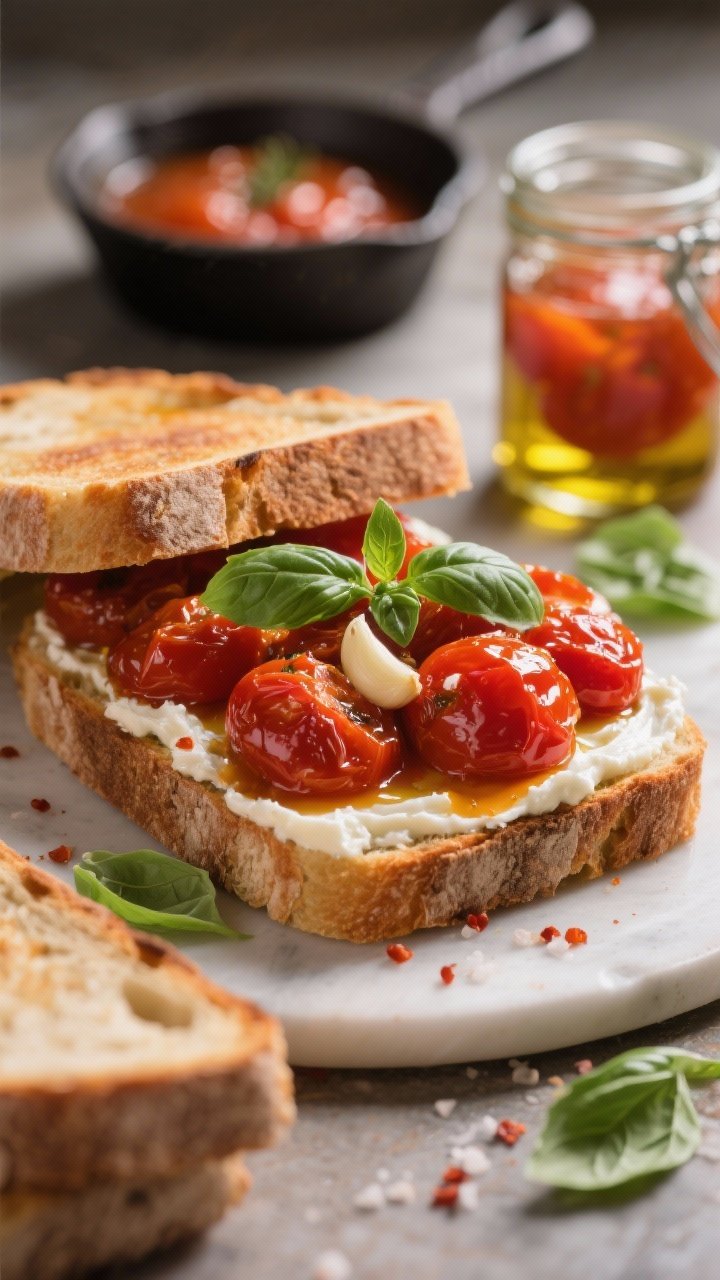 Straight-on shot of jammy tomato confit sandwiches: slow-roasted cherry tomatoes glossy in olive oil with smashed garlic, kosher salt, and red pepper flakes, piled onto toasted crusty bread spread with a basil whip (ricotta and cream cheese blended with basil). Garnish with torn basil leaves. Include a small skillet or jar of tomato confit in frame, oil shimmering. Warm tones, shallow depth of field to emphasize the juicy, jammy tomatoes.