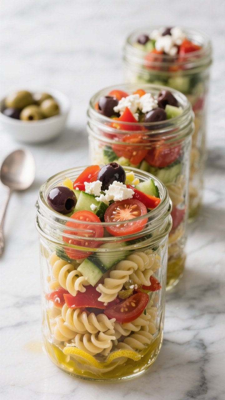 Straight-on shot of layered Mediterranean mason jar pasta salad: fusilli at the base, Dijon-lemon vinaigrette clinging lightly, vibrant halved cherry tomatoes, diced cucumber, chopped roasted red peppers, halved Kalamata olives, and crumbled feta on top; jars lined up on a marble surface with a small bowl of extra olives and a spoon, clean and no-wilt freshness emphasized.