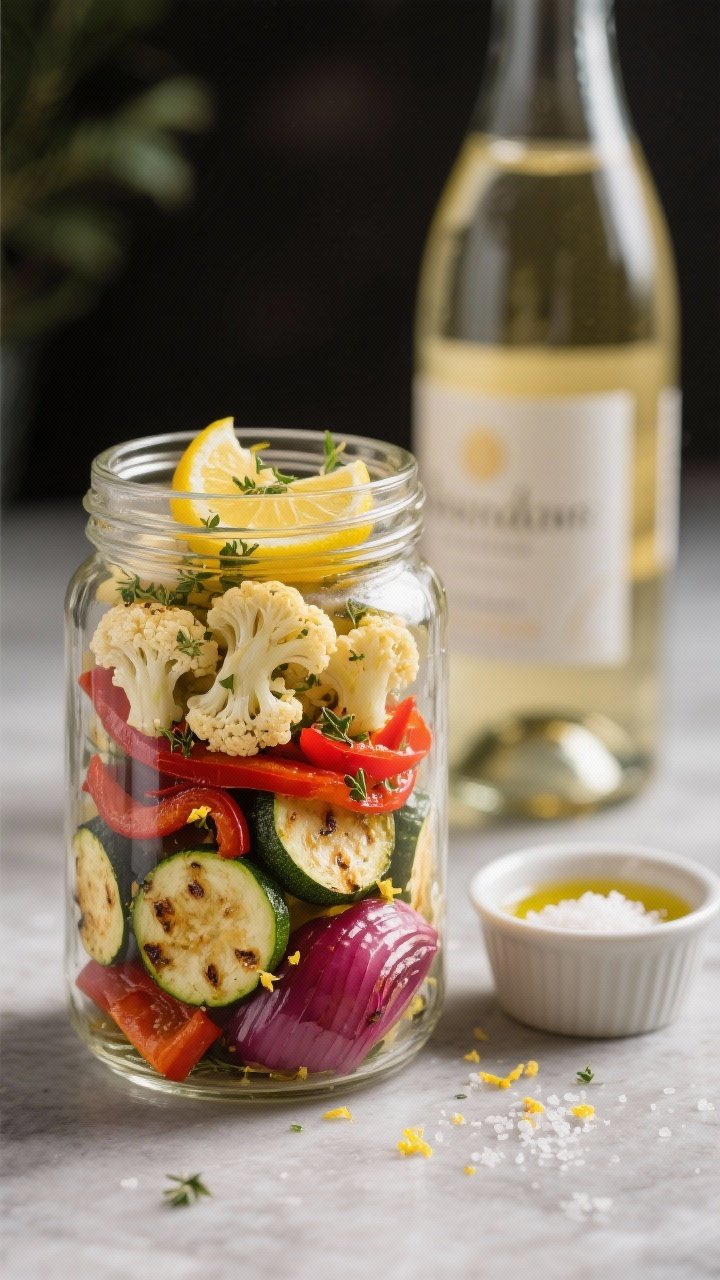 Straight-on shot of lemon herb roast veggies packed in clear jars: cauliflower florets, red bell pepper strips, zucchini half-moons, and red onion wedges roasted with olive oil and dried Italian herbs, finished with lemon zest and a splash of juice; vegetables layered to show color contrast; a small ramekin of sea salt and extra olive oil nearby; Chardonnay bottle blur in background.