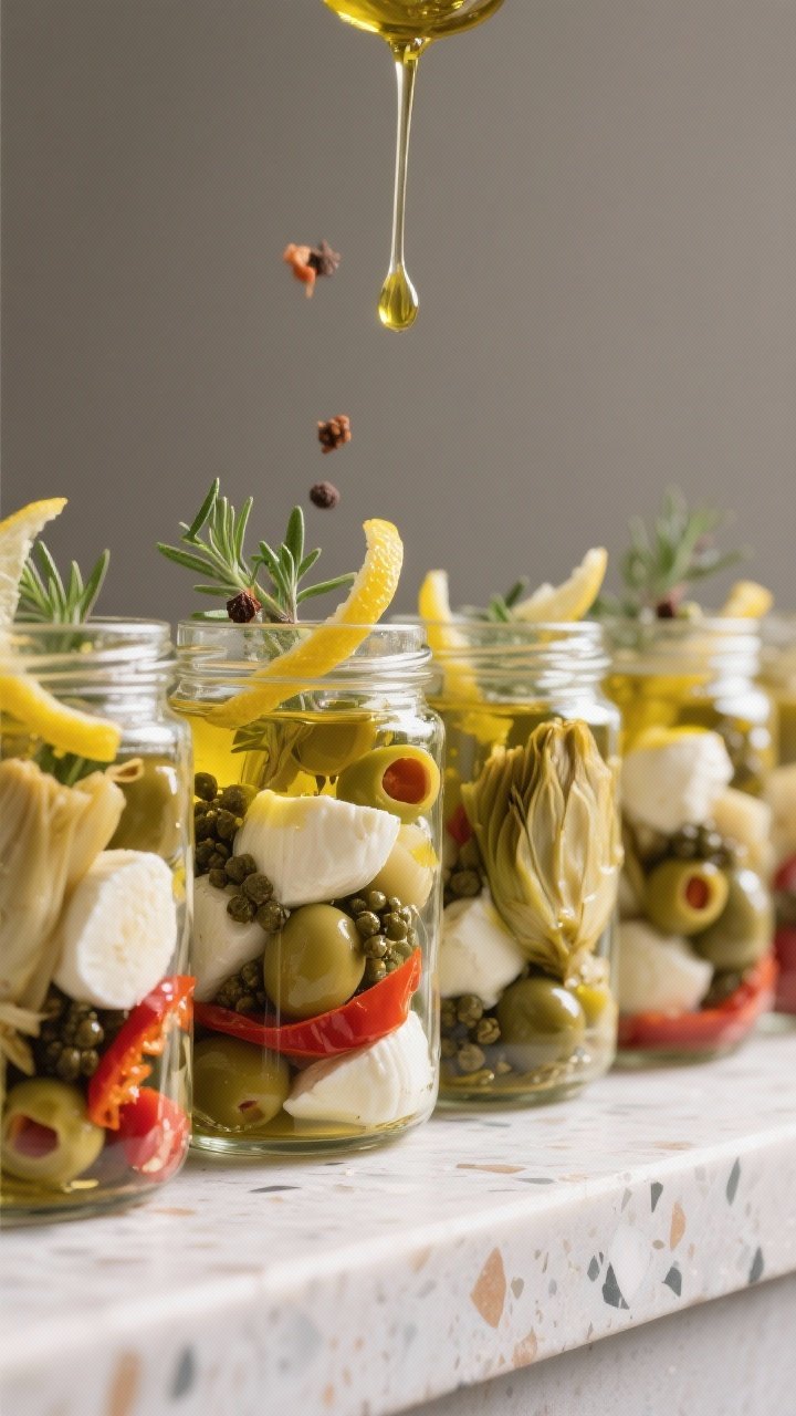 Straight-on shot of marinated mozzarella, olive, and artichoke antipasto jars: clear glass jars layered with ciliegine mozzarella, halved marinated artichoke hearts, mixed olives, strips of roasted red pepper, briny capers; topped with extra-virgin olive oil, lemon peel ribbons, and sprigs of fresh herbs; oil glinting with suspended spices; arranged in a neat row on a terrazzo counter, minimalist backdrop.