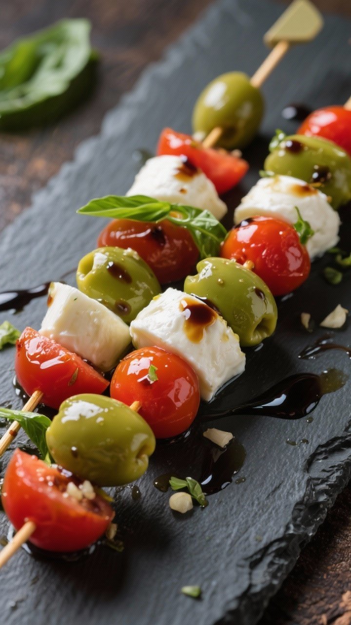 Straight-on shot of marinated mozzarella, tomato, and Castelvetrano olive skewers lined on a slate board: ciliegine and cherry tomatoes glistening with extra-virgin olive oil and a whisper of minced garlic, pitted green olives bright and firm, threads of basil; finished with a glossy balsamic glaze drizzle; tight depth of field to highlight shine and color contrast.