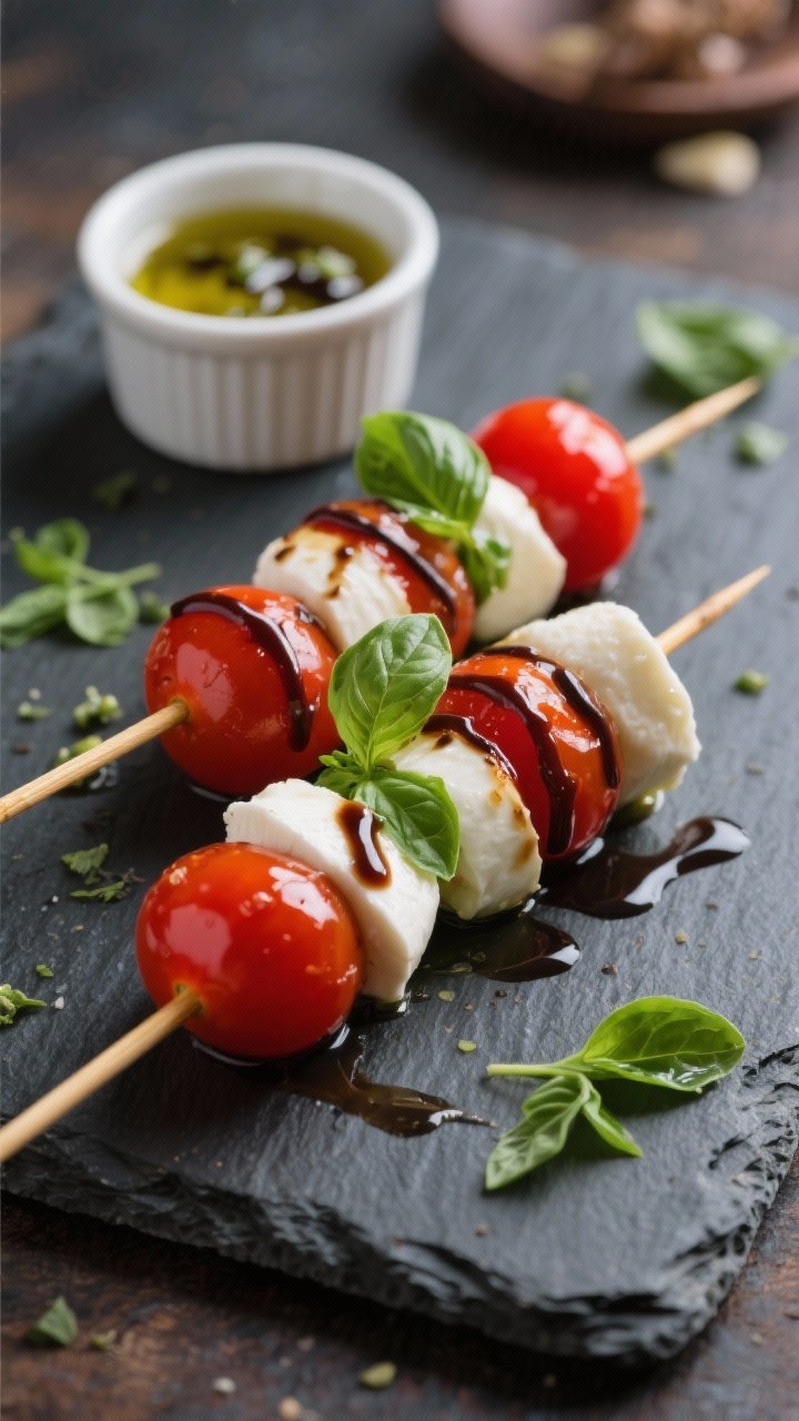 Straight-on shot of marinated tomato and mozzarella skewers: alternating cherry tomatoes and ciliegine on short bamboo picks, glossed with extra-virgin olive oil and a balsamic glaze drizzle; fresh basil leaves tucked between, a small ramekin of garlicky basil drizzle in the background, styled on a slate board with scattered basil and a faint balsamic sheen, vibrant reds, whites, and greens.
