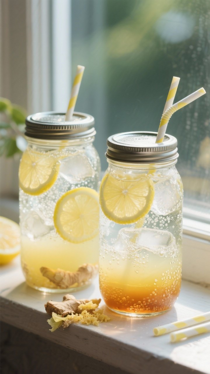Straight-on shot of mason jar lemonade spritzers with lids: visible layers of fresh lemon juice, maple/simple syrup, grated ginger, cold water, and sparkling water topped with ice cubes; condensation beads on glass, thin lemon wheels floating, metal lids and reusable straws beside the jars, set on a sunny windowsill to highlight effervescence and zero-spill, zero-waste presentation.
