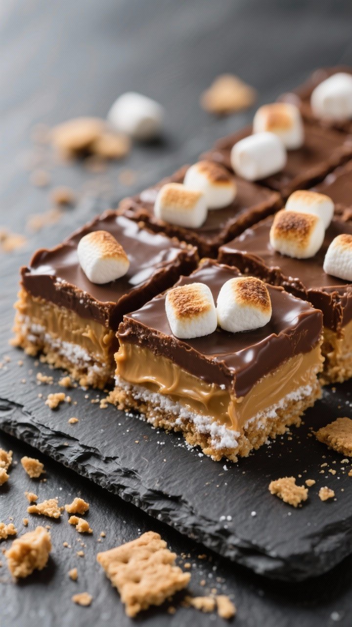 Straight-on shot of no-bake s’mores bars cut into neat squares on a slate board: visible layers of graham cracker crust (crushed crackers, powdered sugar, melted butter), a glossy semisweet chocolate-peanut butter layer, and toasted-looking mini marshmallows on top; a few graham crumbs scattered; rich, indulgent tones with clean highlights.