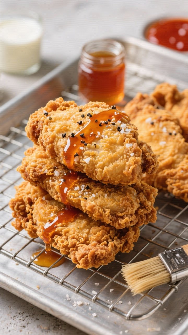 Straight-on shot of picnic fried chicken cutlets stacked on a wire rack over a sheet pan: ultra-crispy golden crust from a flour–cornstarch dredge seasoned with kosher salt, black pepper, and spices, with a glossy hot honey drizzle pooling slightly; a small jar of hot honey and a brush nearby; background hints of buttermilk and hot sauce marinade; punchy, appetizing contrast.
