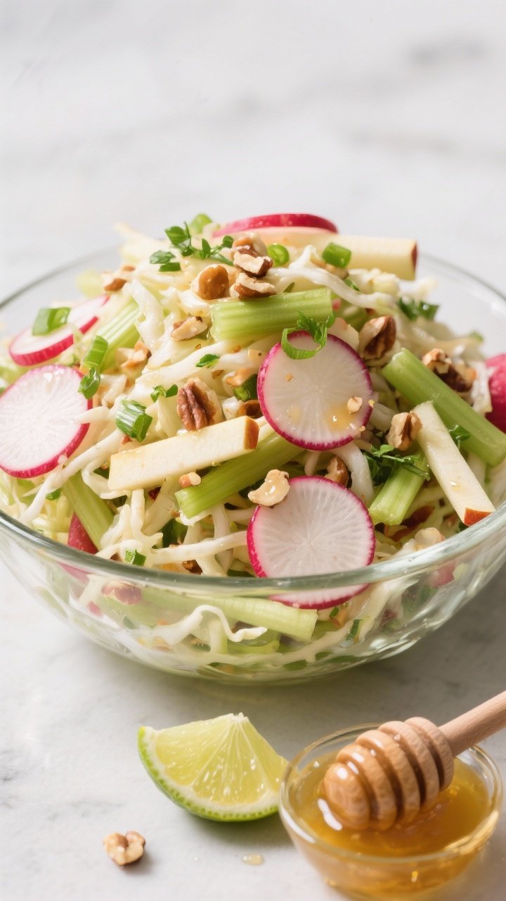 Straight-on shot of Radish, Apple, and Celery Slaw piled high in a clear glass bowl to showcase texture: paper-thin radish rounds, honeycrisp apple matchsticks, celery slices with leafy tops, and green onions; glossy honey-lime dressing clinging, visible chopped nuts and herbs from the “crunch” component; lime wedges and a honey dipper in frame.