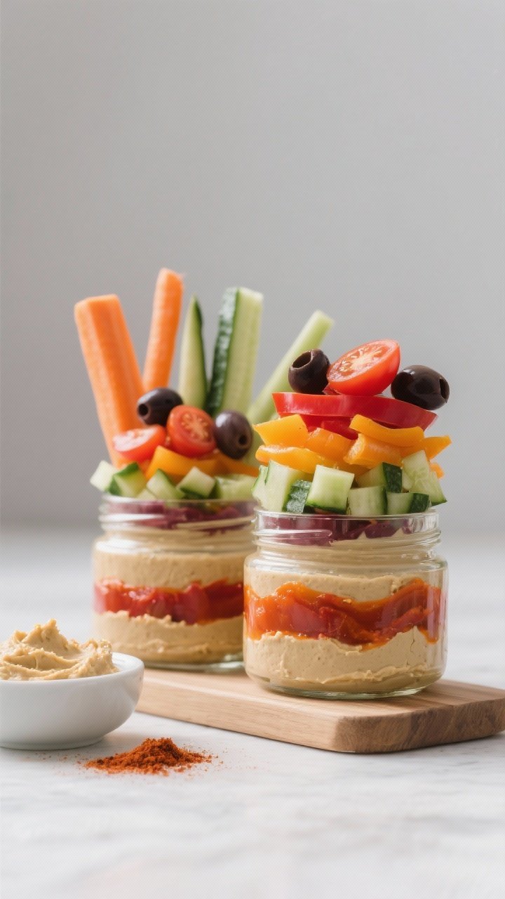 Straight-on shot of rainbow veggie hummus boards in clear jars: layers of creamy hummus at the bottom (two jars show classic beige, one shows roasted red pepper orange), topped with neat strata of diced cucumber, mixed bell peppers, quartered cherry tomatoes, and sliced Kalamata olives. Crudité sticks (carrot, cucumber, bell pepper) standing upright like a portable board. Minimalist background with a small bowl of extra hummus and a sprinkle of paprika.
