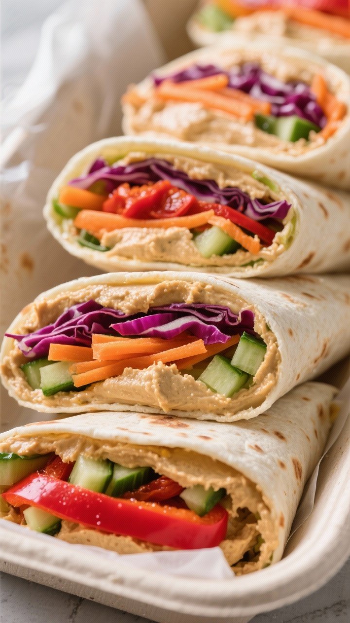 Straight-on shot of rainbow veggie hummus wraps sliced to reveal layers: large flour tortillas spread with hummus (some classic, some roasted red pepper), packed with shredded carrots, thin red cabbage, cucumber matchsticks, and red bell pepper strips. Tight, tidy rolls with ends tucked to prevent sog; lined up in a reusable container with parchment, vibrant colors popping, no moisture on tortillas, crisp edges apparent.