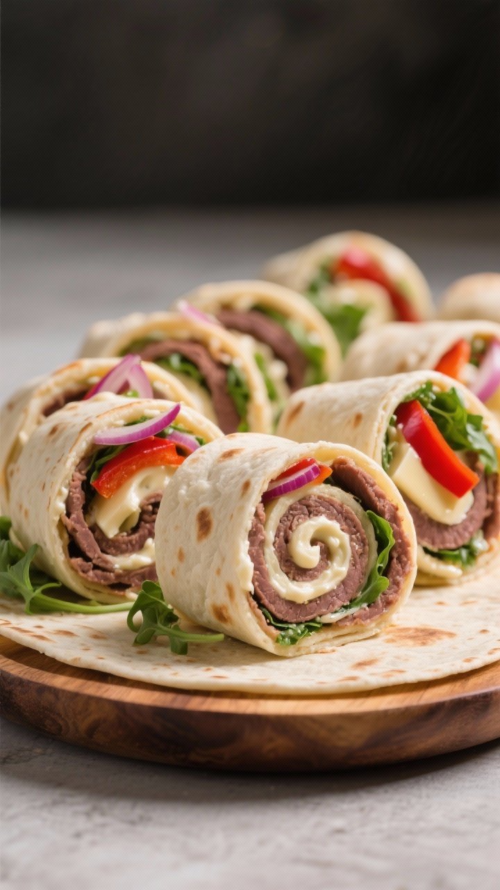 Straight-on shot of Roast Beef Horseradish Pinwheels arranged upright on a wooden platter: tight spirals of flour tortillas layered with thin roast beef, arugula, provolone/Swiss, translucent red onion ribbons, and strips of roasted red pepper; visible creamy horseradish spread binding layers; clean cuts, high contrast, appetizing swirl patterns.