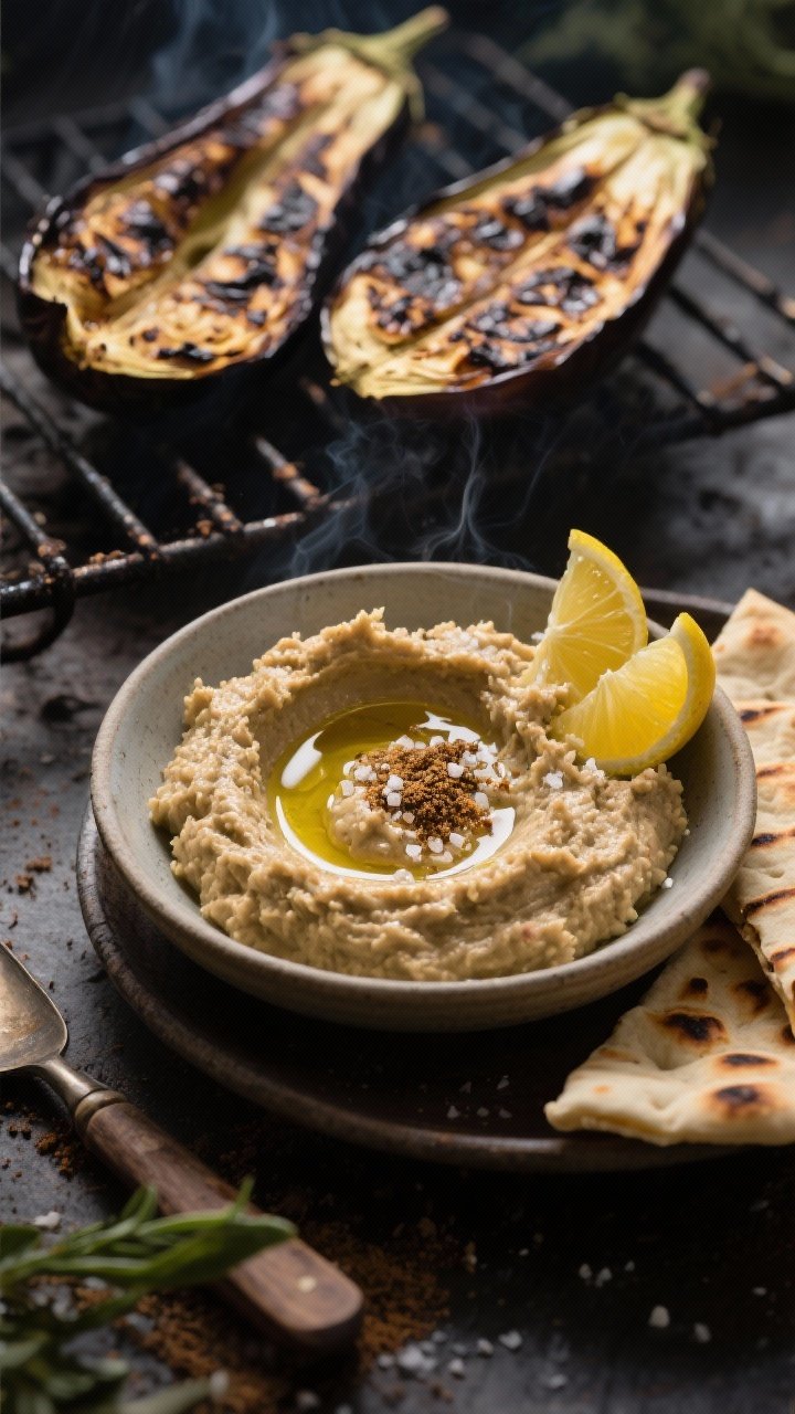 Straight-on shot of Smoky Eggplant Baba Ganoush: roasted eggplants split open on a grill grate with charred skins; final dip in a low bowl showing a rustic mash with visible tahini, lemon, a pinch of ground cumin, and olive oil pooling on top; sprinkled kosher salt; served with grilled flatbread and charred lemon halves; moody, smoky tones, directional light catching the olive oil.