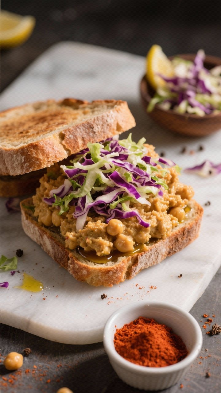 Straight-on shot of smoky paprika chickpea sandwiches: mashed chickpea filling mixed with olive oil, smoked paprika, ground cumin, soy sauce/tamari, lemon juice, salt and black pepper, piled on hearty bread; topped with crunchy slaw (purple and green cabbage shreds) for texture and height; a small bowl of extra slaw and a ramekin of paprika nearby; rustic, bold, smoky vibe.