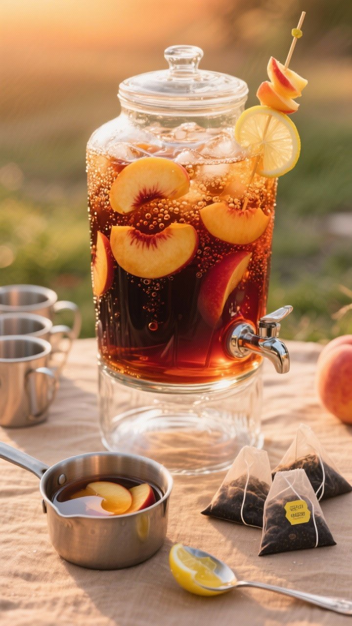 Straight-on shot of Sparkling Peach Iced Tea in a large glass dispenser: deep amber-black tea base with peach syrup glow; visible slices of ripe peaches drifting, a few extra peach wedges on skewers for garnish, tiny bubbles from added sparkling finish, lemon slice accent; in the foreground, a small saucepan with peach syrup (1/2 cup sugar + 1 cup water + peach slices simmered), 4 black tea bags and 4 cups boiling water props, and a teaspoon of lemon juice; warm sunset tones, picnic styling.