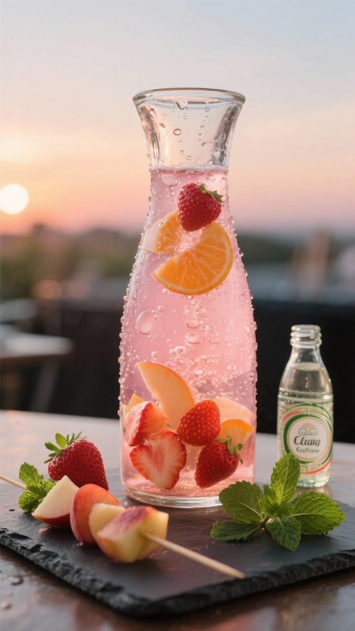 Straight-on shot of sparkling rosé sangria in a tall glass carafe: pale pink bubbles with sliced strawberries, peach wedges, and thin orange rounds suspended; condensation on the glass, a small bottle of club soda and St‑Germain nearby; peach–mint fruit skewers resting on a slate board, mint leaves vibrant; sunset mood with soft backlight highlighting effervescence.
