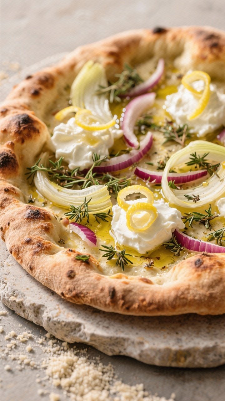 Straight-on shot of stone-baked flatbread on a pizza stone: blistered, puffy crust brushed with olive oil, topped with dried oregano and thyme, paper-thin fennel slices, slivers of red onion, and dollops of tangy lemon labneh. Lemon zest curls and a final brush of oil catching light. Rustic peel and scattered semolina on the surface for a hearth-baked feel.