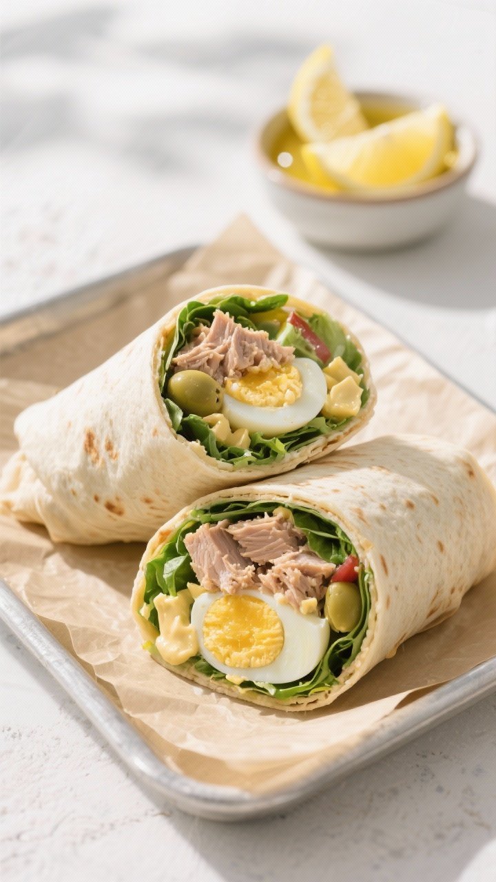 Straight-on shot of tightly wrapped picnic Niçoise wraps cut into halves, cross-sections showing tuna in olive oil, chopped hard-boiled eggs, a creamy Dijon-mayo-lemon spread, and crisp greens; arranged in parchment-lined tray to suggest no-soggy portability; a small bowl of Dijon and lemon wedges behind; clean, bright daylight.