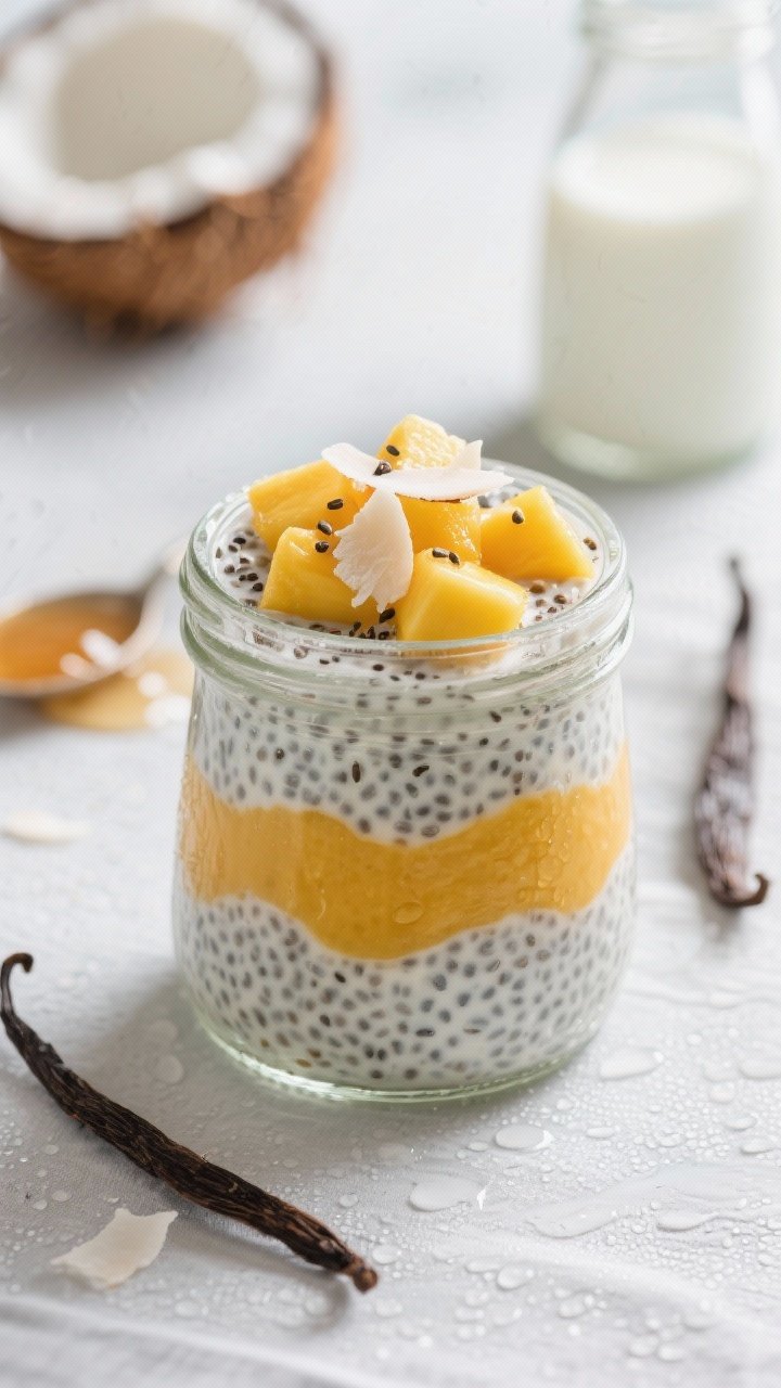 Straight-on shot of tropical chia pudding jars: creamy coconut-chia base layered with vibrant mango puree and diced fresh mango on top, tiny chia seeds visible through the glass; jars topped with a few coconut flakes and a drizzle of maple syrup, vanilla pod and coconut milk can in the background; cool, airy styling on a pale linen with condensation on glass hinting at chill.