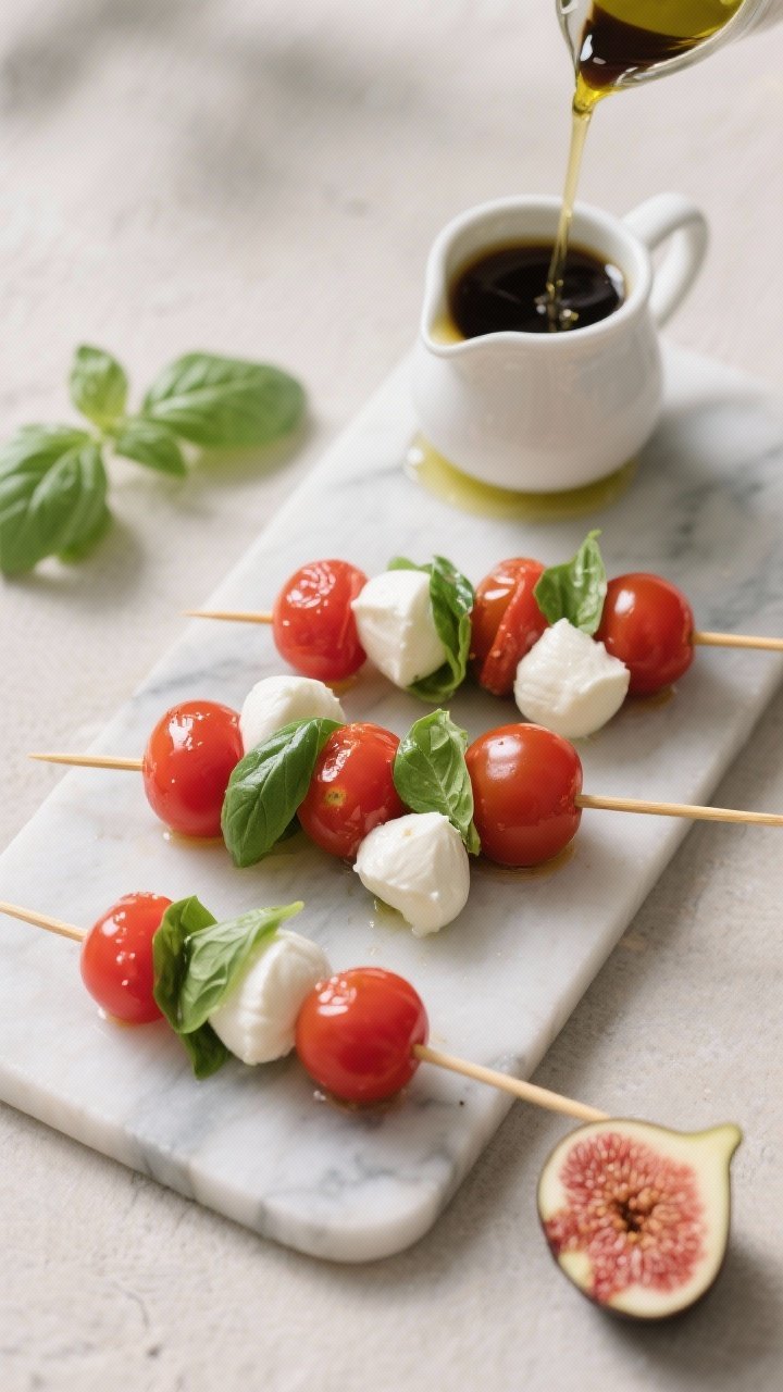 Straight-on skewers vignette: caprese skewers lined on a rectangular marble slab—alternating cherry tomatoes, mini mozzarella balls (ciliegine), and whole basil leaves—lightly glossed with extra-virgin olive oil; a small pitcher mid-pour of balsamic fig drizzle over the skewers; deep reds, bright greens, and white mozzarella contrast against a neutral background for a crisp, elegant picnic look.