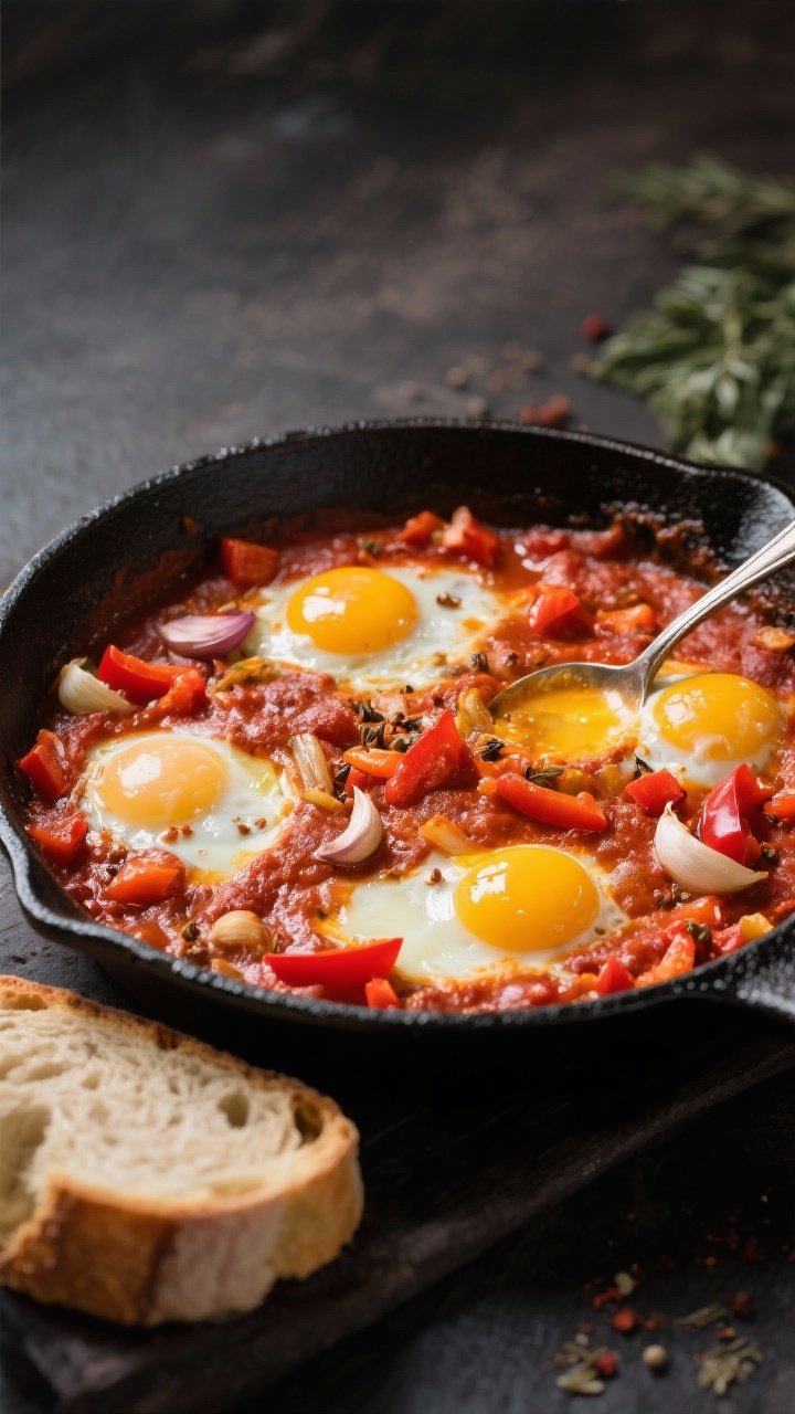 Straight-on skillet scene of rich pantry shakshuka: thick tomato-pepper-onion base simmering with cumin, sweet paprika, and a hint of cayenne, wells cradling gently set eggs with runny yolks; chopped red bell pepper visible, garlic glistening; served in a black cast-iron pan with spoon marks in the sauce, side of crusty bread ready for scooping, bold, comforting colors.