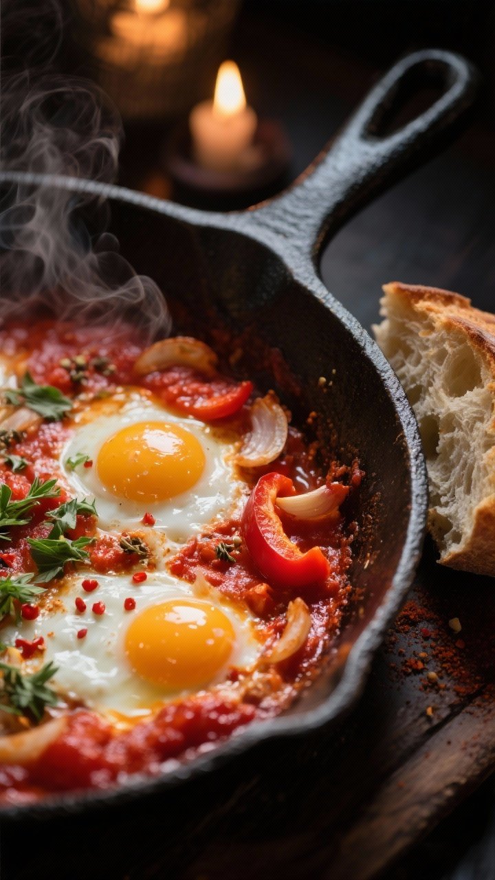 Straight-on skillet shakshuka by candle glow: cast-iron pan with simmering tomato-pepper base (onion, red bell pepper, garlic, cumin, smoked paprika, crushed red pepper flakes), eggs nestled with just-set whites and runny yolks; scattered fresh herbs, crusty bread at the side; steam visible, rich reds and golden highlights, intimate low-light scene.
