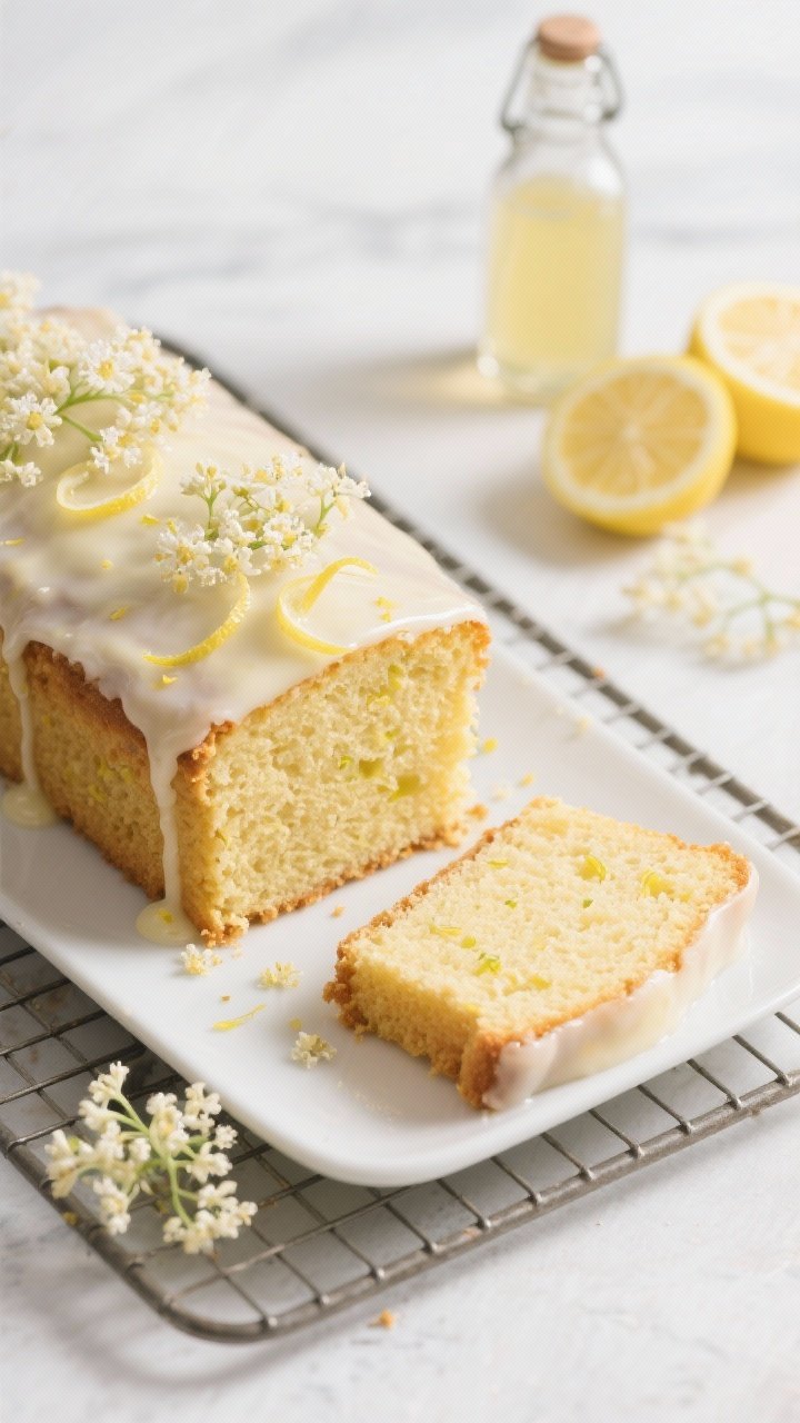 Straight-on slice and crumb shot of elderflower lemon snack cake: a simple rectangular cake on a cooling rack with one slice plated; pale yellow, moist crumb with lemon zest flecks, thin elderflower-lemon glaze dripping over the sides; topped with delicate sugared blossoms and a few micro-lemon zest curls; small bottle of elderflower cordial and halved lemons in the background; clean daylight, emphasizing glossy glaze and tender texture.