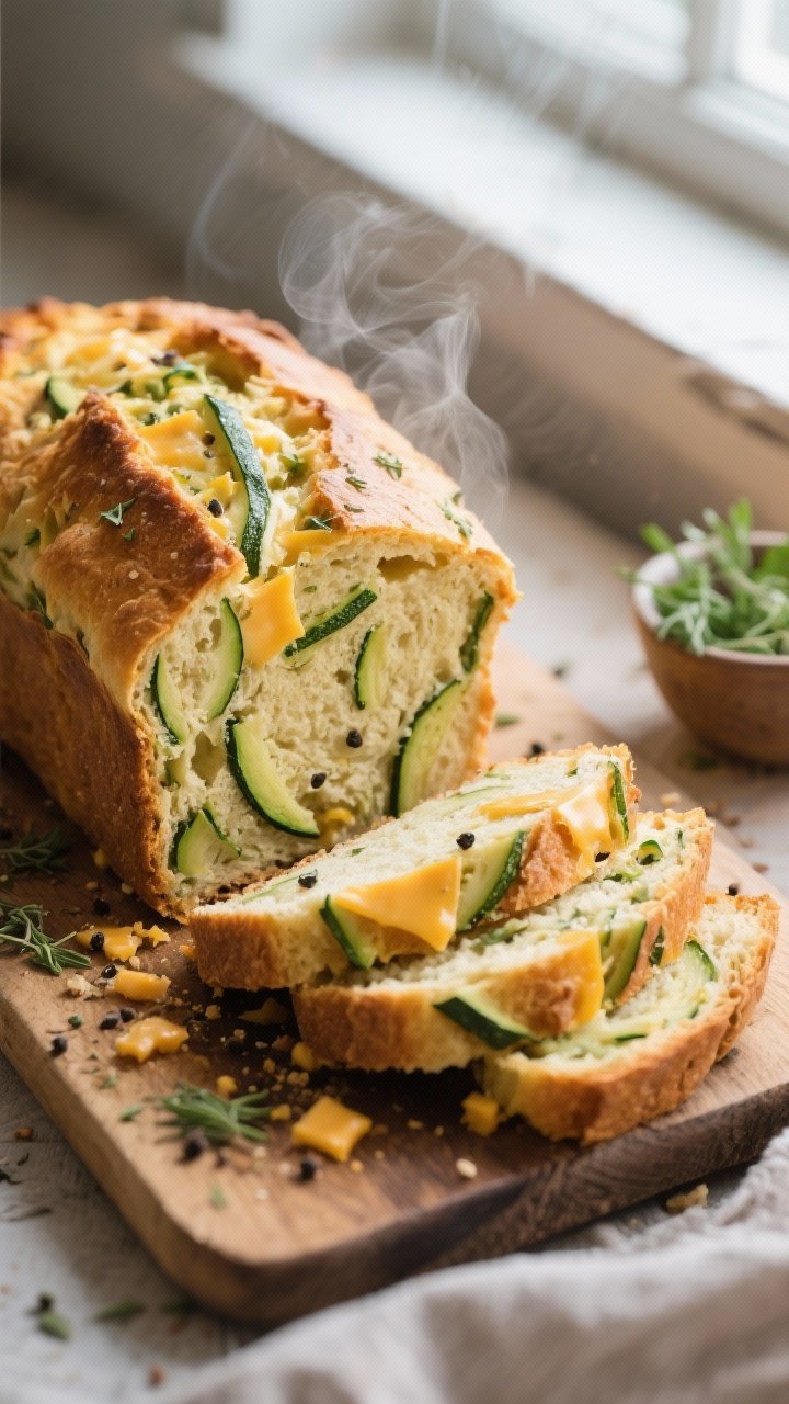Straight-on slice-and-loaf shot of savory zucchini and cheddar picnic bread: golden crust, moist crumb studded with green zucchini shreds, melted cheddar pockets, flecks of dried Italian herbs, black pepper; several slices fanned out, steam hinting of warmth; crumbs on a rustic board, small bowl of herbs nearby; natural window light highlighting texture.