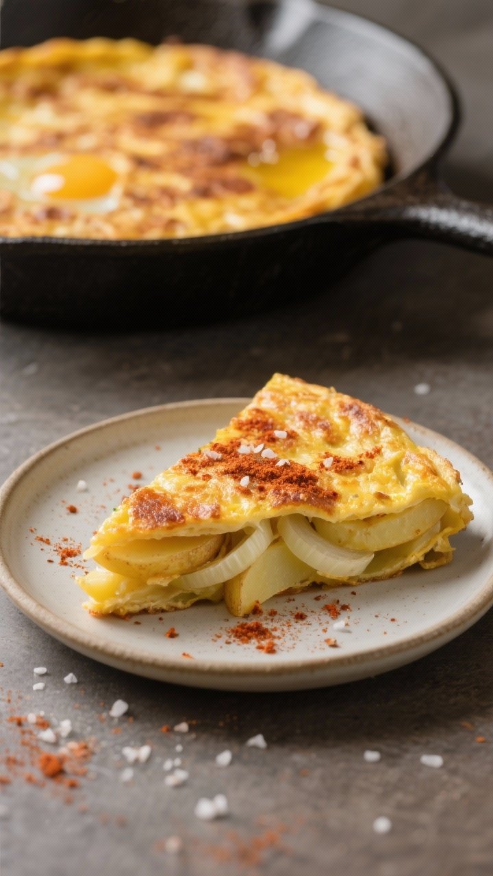 Straight-on slice reveal of a Spanish-style smoky paprika potato tortilla: golden, thick wedge on a small plate, visible layers of thinly sliced waxy potatoes and tender onion, lightly bronzed surface dusted with smoked paprika crystals and sea salt; the full round tortilla on a cast-iron pan in the background; simple olive oil sheen, clean rustic styling, focus on custardy egg texture.