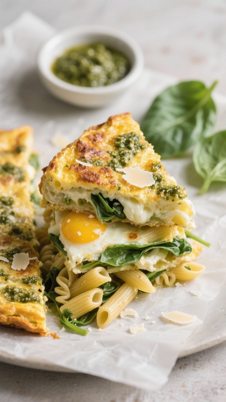 Straight-on slice shot of pesto pasta frittata: golden wedge studded with short pasta (penne/rotini), ribbons of baby spinach, and melted mozzarella, scented with basil pesto; Parmesan browned on top, firm custardy eggs visible in cross-section; slices stacked on parchment with a small dish of pesto and a few spinach leaves.