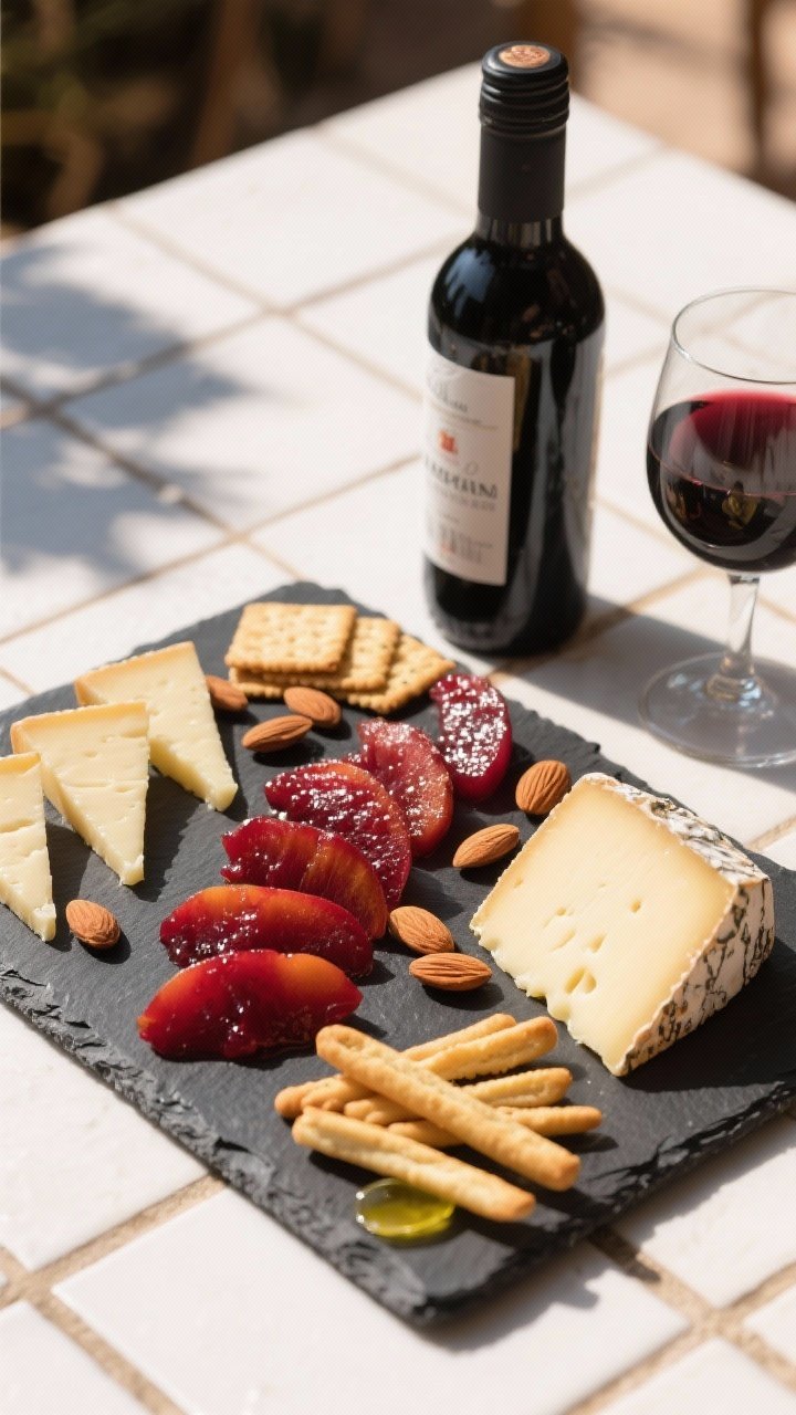 Straight-on Spanish tapas platter: neat triangles of 6–12 month Manchego with visible rind, glossy slices of deep ruby quince paste aligned beside the cheese, a casual scatter of Marcona almonds, olive oil crackers and thin breadsticks fanned out; bottle of Tempranillo (label turned away) and a poured glass off to the side; slate board on tiled surface, sunlit Mediterranean vibe, crisp shadows that emphasize edges and sheen.