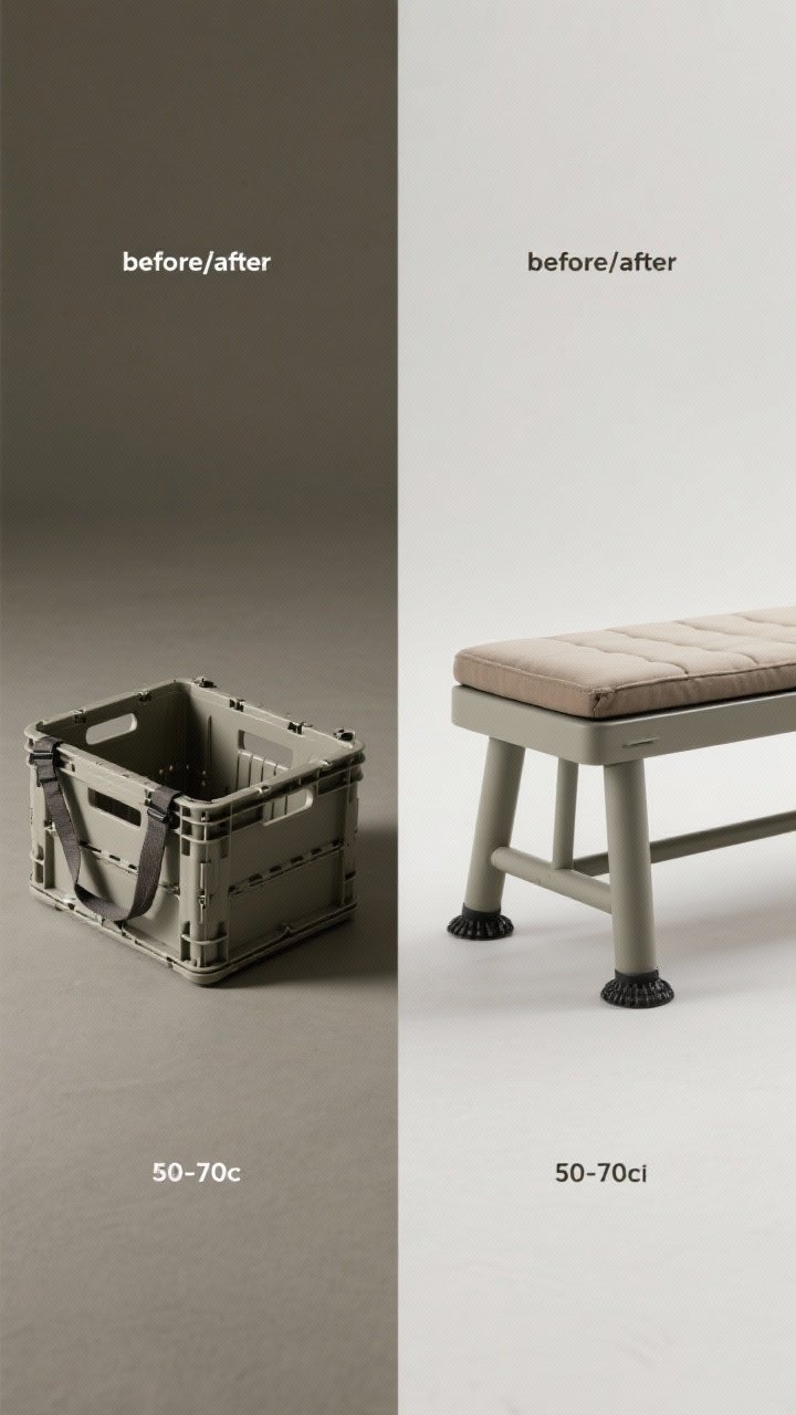 Straight-on staged “before/after” composition of a collapsible crate bench: left side shows the heavy-duty collapsible crate (50–70 lb capacity) with removable inner divider and shoulder strap/side handles; right side shows it converted with the snap-on cushioned lid as a bench topper, non-slip rubber feet visible; clean background, practical utility vibe, matte finishes to reduce glare.