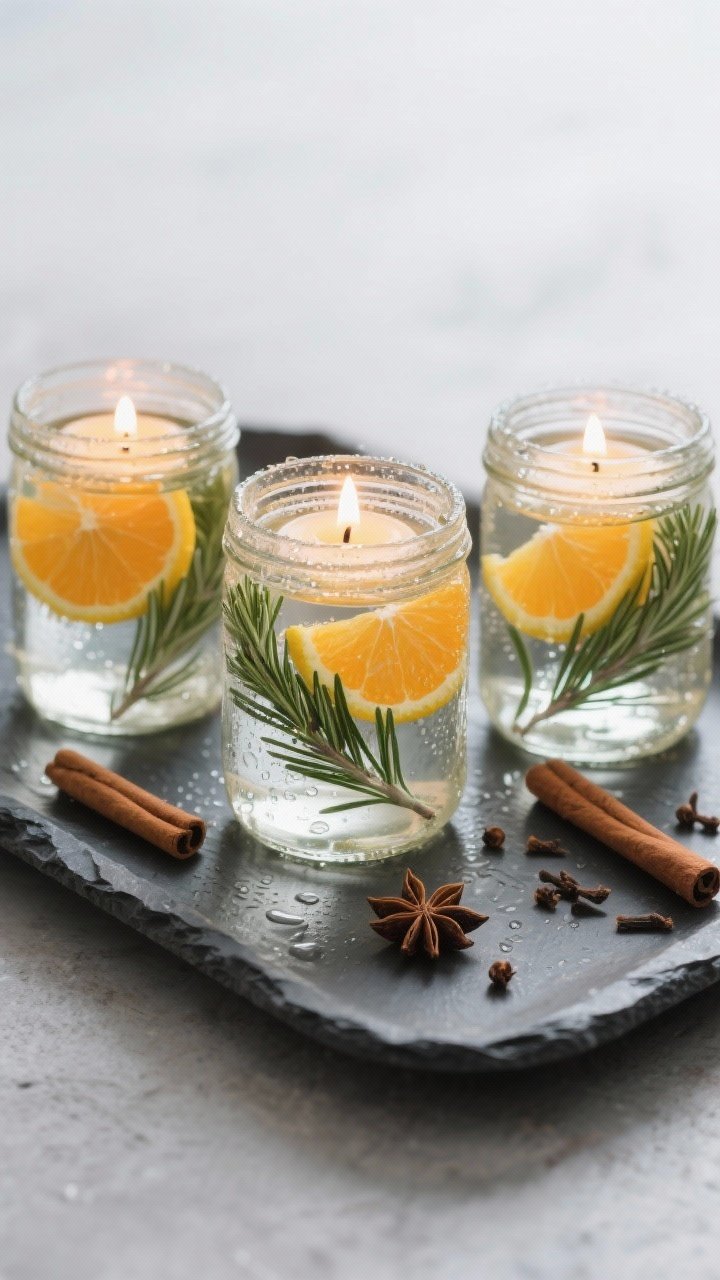 Straight-on styled DIY rosemary citrus candle jars: three mason jars filled with water, fresh rosemary sprigs, floating orange and lemon slices, and whole spices (cinnamon sticks, star anise, cloves) with tea lights gently floating on top; condensation on glass, reflective highlights, arranged on a slate tray with minimalist, calm ambiance.