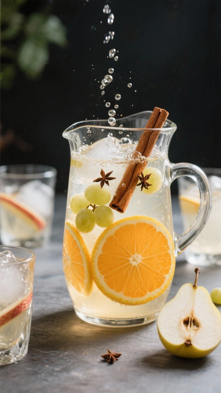 Straight-on, styled pitcher shot of alcohol-free sparkling orchard sangria: clear pitcher filled with unfiltered apple cider and white grape juice, thin rounds of orange, fan-sliced apple and pear, a cinnamon stick and whole cloves suspended; topped with sparkling water bubbles; matching glasses with ice and fruit slices beside.