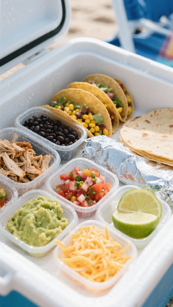 Straight-on taco cooler scene showing no-fuss fixings in small lidded containers: chilled taco-seasoned shredded chicken, rinsed black beans, golden corn kernels, vibrant pico de gallo (drained), limey guacamole, shredded cheese, lime wedges, and warm tortillas wrapped in foil; focus on zesty colors and chunky textures, beach-day mood with cool tones and condensation on containers.