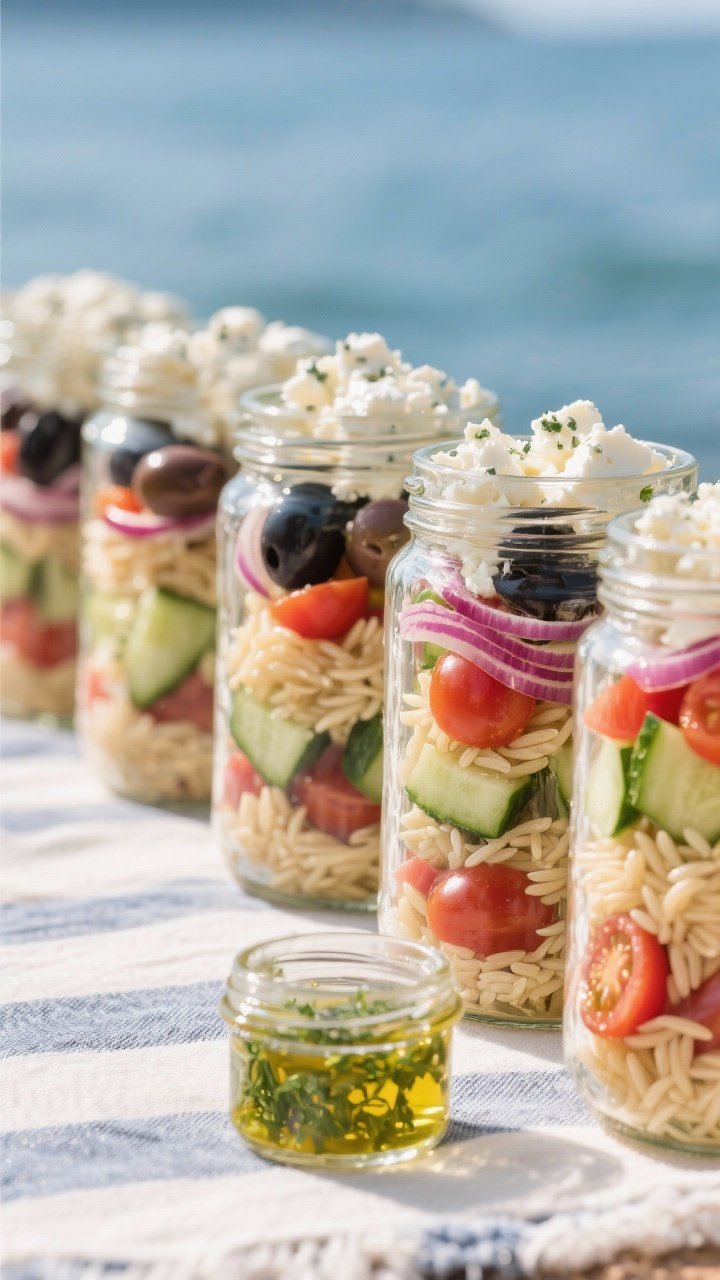 Straight-on view of Mediterranean orzo jar salads lined up: clear mason jars layered with al dente orzo, halved cherry tomatoes, diced English cucumber, thinly sliced red onion, Kalamata olive halves, and a generous layer of crumbled feta; a small jar of herby dressing (chopped herbs in olive oil) set in front, light reflecting off glass, coastal picnic cloth underneath; clean, vibrant colors, focus on layers and freshness.