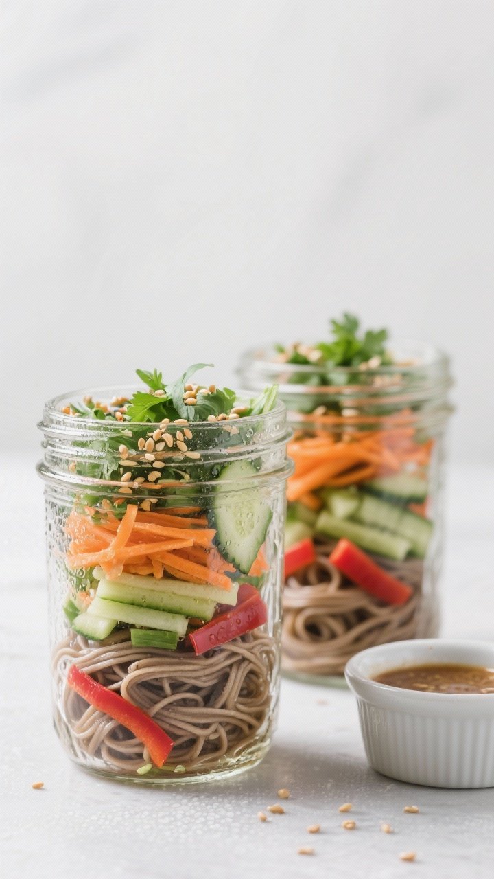 Straight-on view of Stoveless Sesame Soba Salad Jars: glass mason jars layered with cold soba noodles, shredded carrots, cucumber matchsticks, thin red bell pepper strips, sliced scallions, chopped cilantro, and a sprinkle of toasted sesame seeds; a small ramekin of sesame dressing beside them, condensation on the jars hinting at chill, clean minimal backdrop, emphasis on noodle sheen and vegetable crunch.
